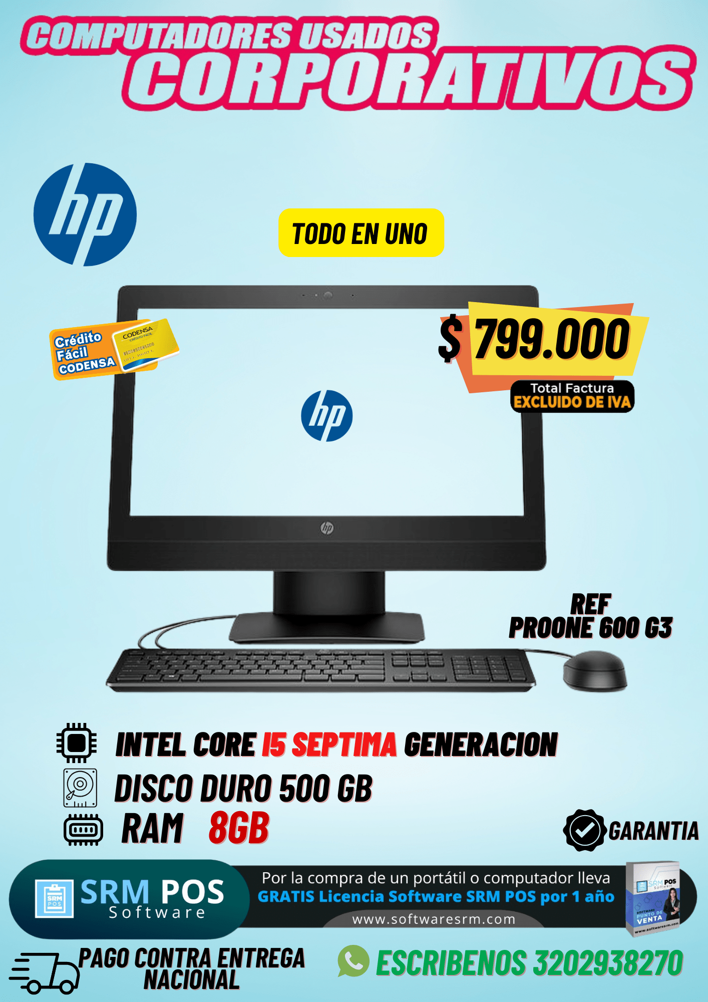 Todo en Uno HP ProOne 600 G3 Usado | Core i5 7ª Gen, 8GB RAM